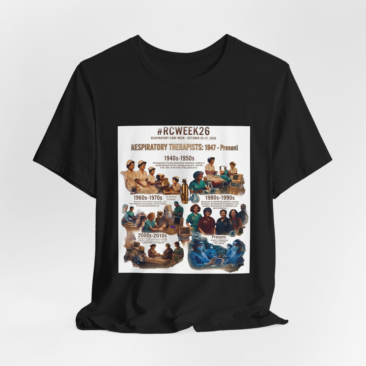 RC Week Timeline T‑Shirt — Respiratory Therapy Through the Decades Tee (1940s–Present)