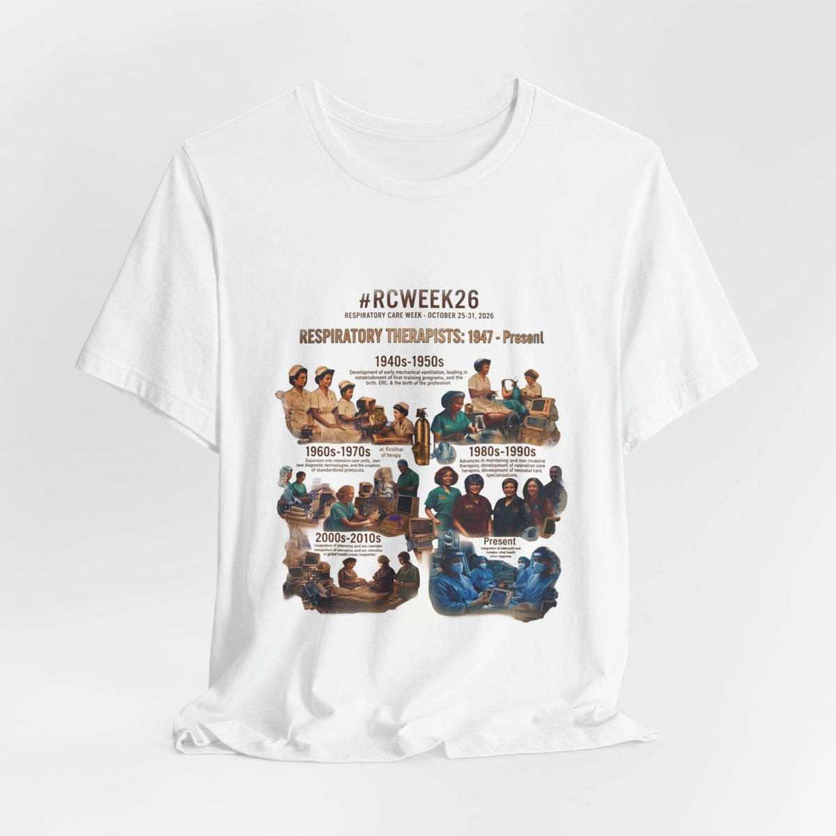 RC Week Timeline T‑Shirt — Respiratory Therapy Through the Decades Tee (1940s–Present)